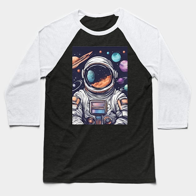 Futurstic Astronaut Space Scene Baseball T-Shirt by Elysian Alcove